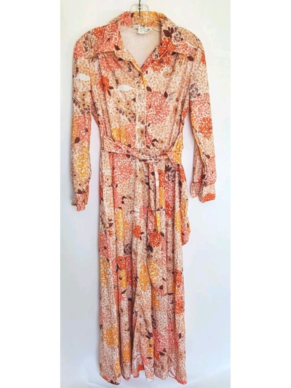 VTG 70s Kenny Classics Maxi Dress Orange Floral Patchwork Shirtwaist Belted Sz S